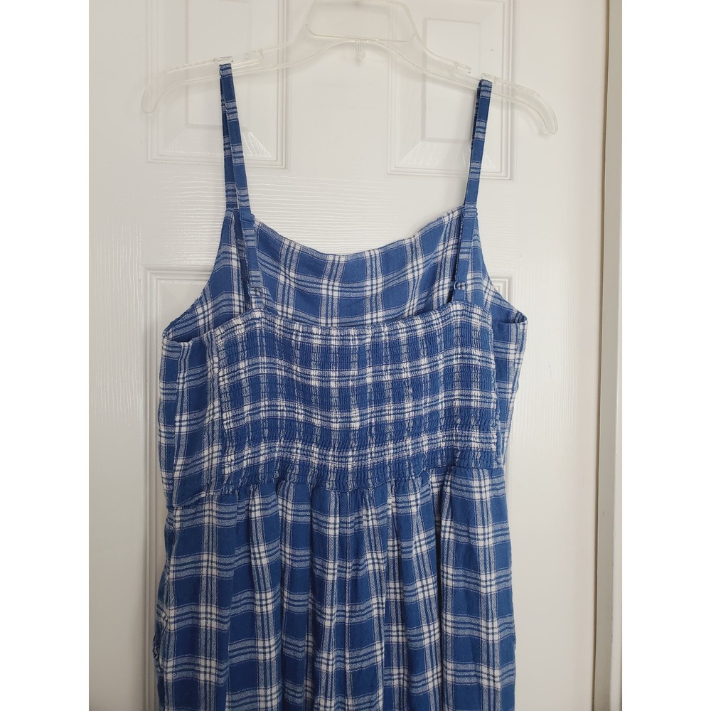 Linen Blend Jumpsuit Blue Plaid Smocked Bodice Sleeveless Wide Leg Crop XL - Picture 6 of 9